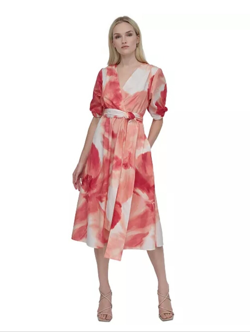 DKNY 100% Cotton Watercolor Floral Wrap Midi Dress 22W Puff Sleeve Tie Waist